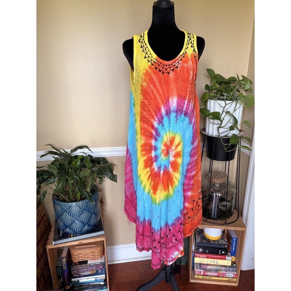 Rima Tie Dye Umbrella Hanky Dress Womens One Size Embroidered Boho Psychedelic